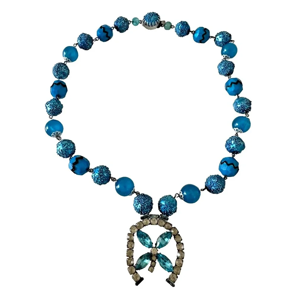 VTG Sugar Caged Beaded‎ Necklace Aqua Blue Horseshoe Pendant Crystals Hong Kong